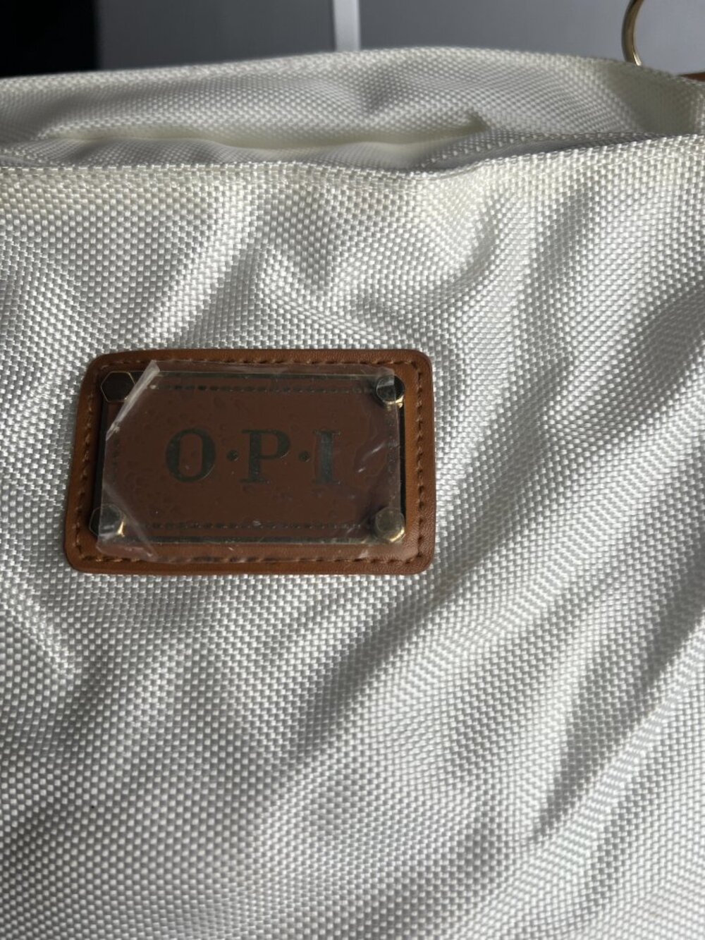 OPI Large Tote Bag Ivory Canvas Tan Faux Leather Shoulder Travel Weekender Purse - Picture 2 of 7